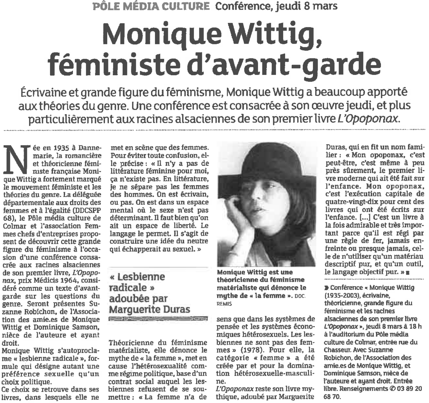 Conférence sur Monique Wittig à Colmar en Alsace